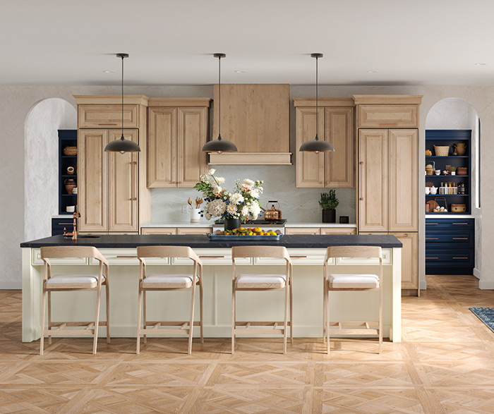 Kitchen with Blue Walk In Pantry