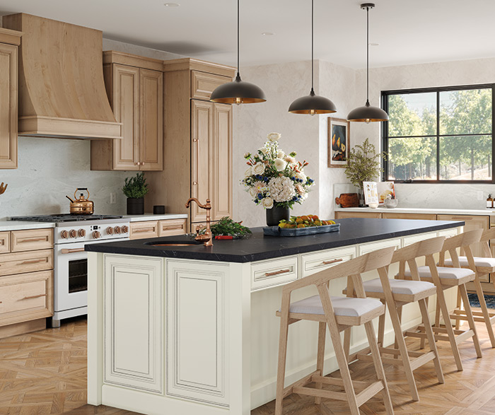 Kitchen with Blue Walk In Pantry